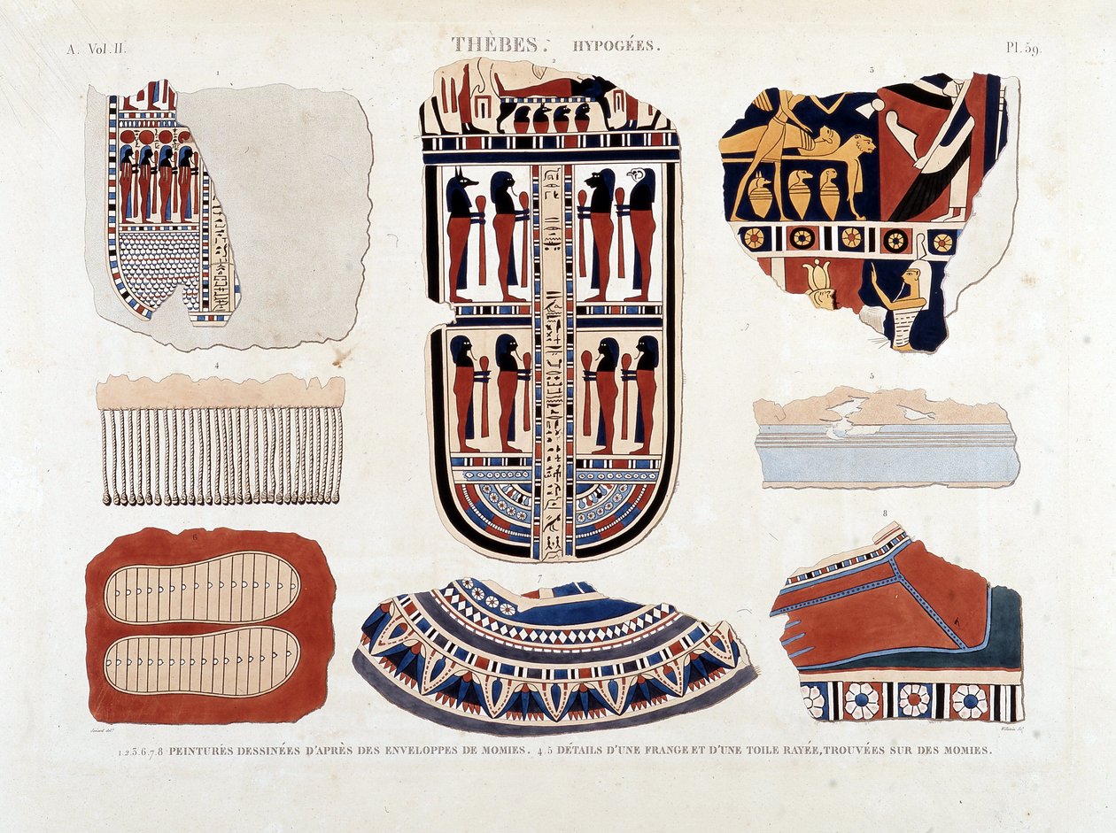 Theben, Hypogees: 1.2.3.6.7.8. malerier fra mumiekuverter 4.5. Detaljer om en frynser og et stribet lærred, fundet på mumier - i "" Description of Egypt"" 1809, Antiquite vol 2 pl 112 af Unknown artist