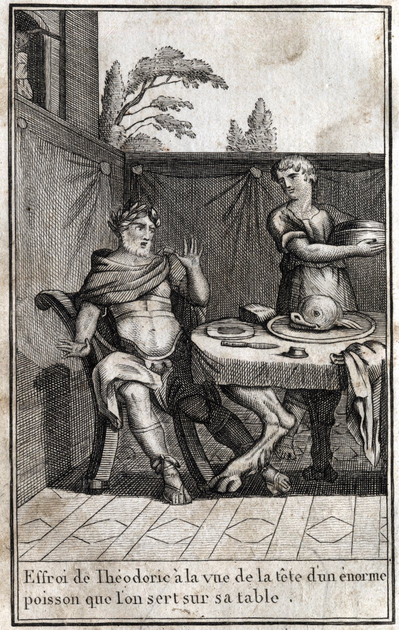 Theodorik den Store (ca. 454/455-526), goternes konge, bliver bange ved synet af hovedet af en enorm fisk, der serverer på hans bord. Indgravering i "Beaute de l