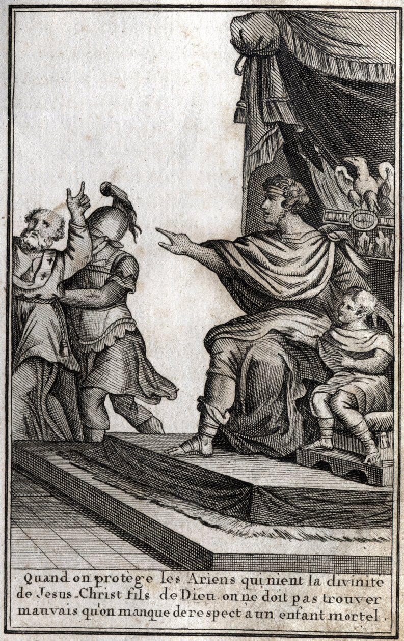 Theodosius I (Flavius Theodosius) (347-395), romersk kejser, fik Amphiloque, eveque af Icone, arresteret for manglende respekt for sin søn, Arcadius (377-408). Evequen erklærer "Når vi beskytter arianerne, der fornægter Jesu Kristi guddommelighed, Guds søn af Unknown artist
