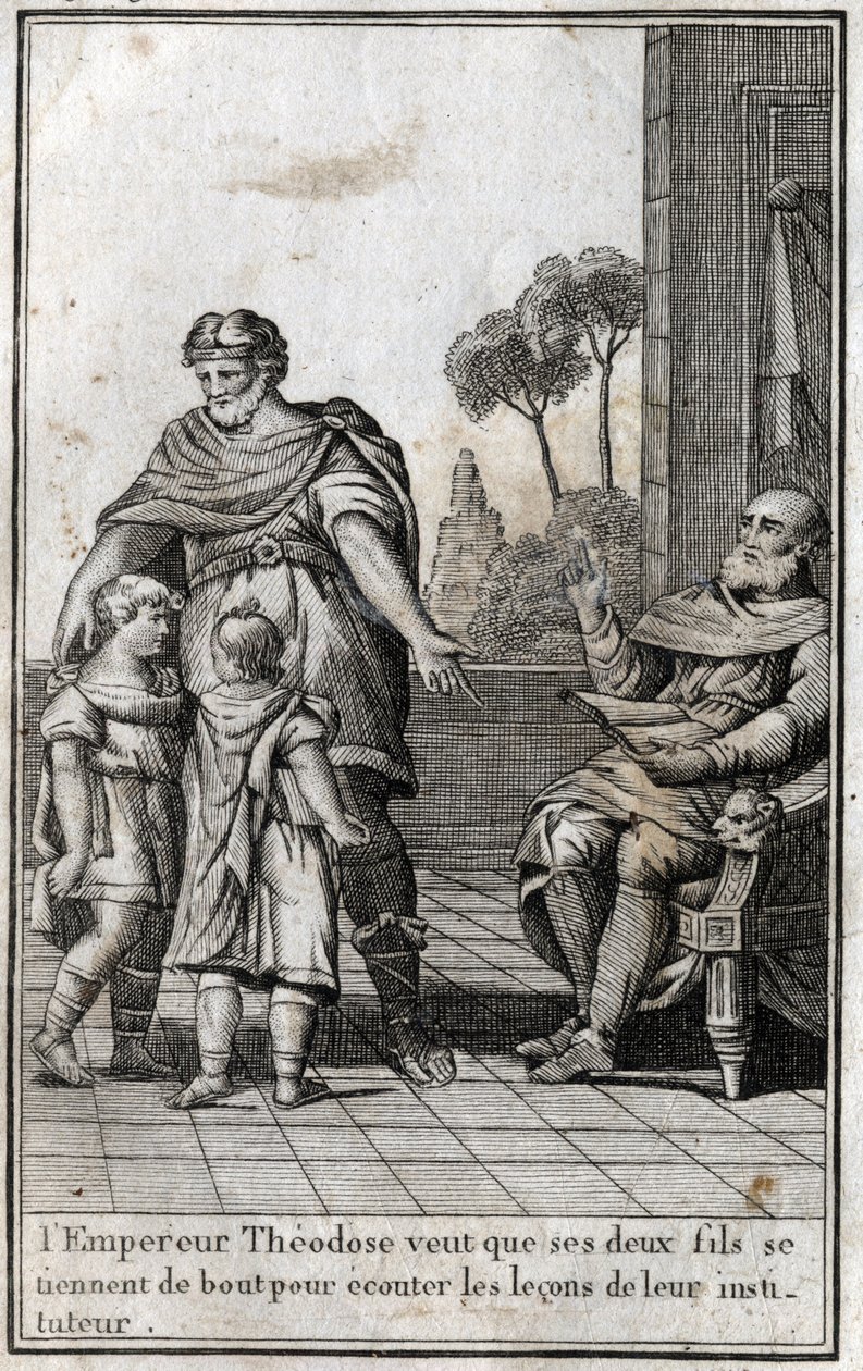 Theodosius I (Flavius Theodosius) (347-395), romersk kejser, vil have sine to sønner, Arcadius (377-408) og Honorius (384-423), til at rejse sig for at lytte til deres lærers lektioner. 4. århundrede. Indgravering i "Beaute de l