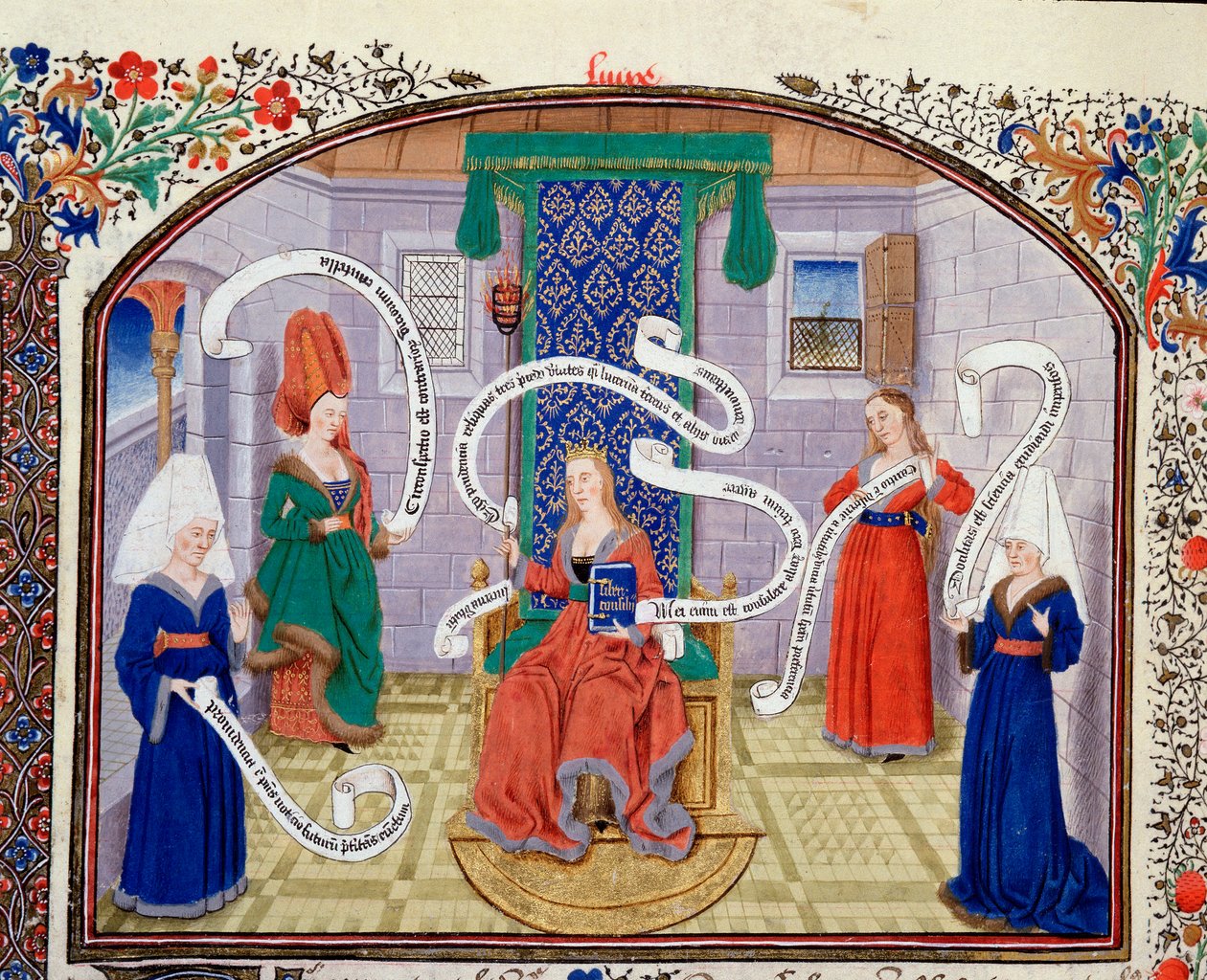 Teori om intellektuelle dyder. Teksterne er skrevet i phylacteres. Miniature fra manuskriptet (Ms 927 Fol.93v) "" Commentary on Political and Economic Ethics"" af den græske filosof Aristoteles (383-322 f.Kr.) oversat af Nicolas Oresme (1325-1382) af Unknown artist