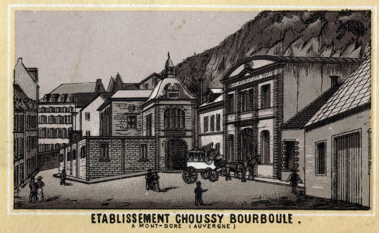 Termiske anlæg i Choussy a Bourboule i Monts Dore-massivet i departementet Puy-de-Dome i Auvergne. Kromolitografi i slutningen af det 19. århundrede. af Unknown artist