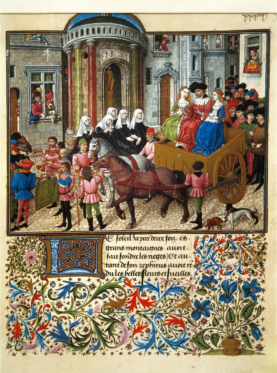 Disse er en Athens-miniature fra et fransk manuskript af "" Teseida fra Emilias bryllup "" af Giovanni Boccaccio (Boccace) (1313-1375) af Unknown artist