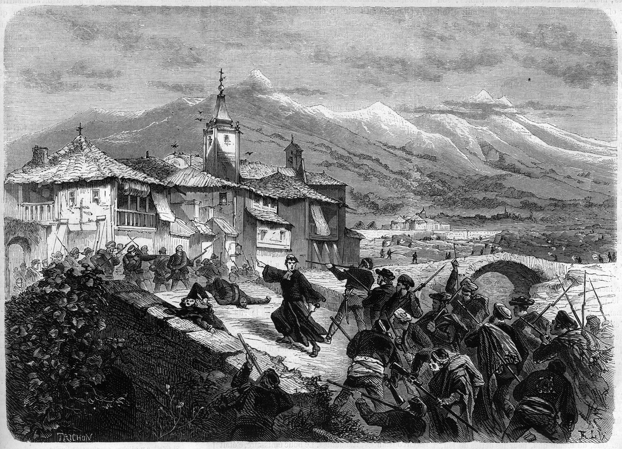 Tredje Carlist-krig (1872-1876): Kamp mellem regeringstropper og et Carlist-band i Navarre, Spanien. Gravering i "" L