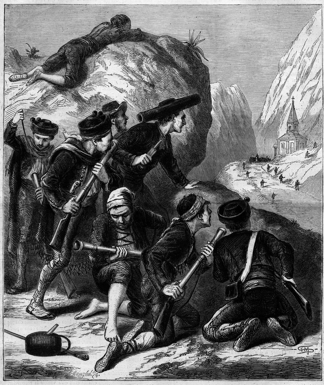 Tredje carlistkrig (1872-1876): et carlist bagholdsangreb i Navarra. af Unknown artist