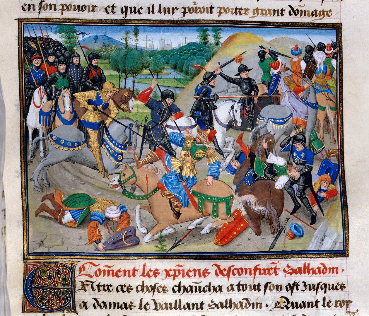 Tredje korstog: "Hvordan de kristne bekræfter Saladin"" Saladin (1138-1193) (Salah al Din Yusuf al-Ayyubi (al Ayyubi) er besejret af korstogene omkring 1191. Miniature fra "" Chronicle abregee"" af David Aubert af Unknown artist