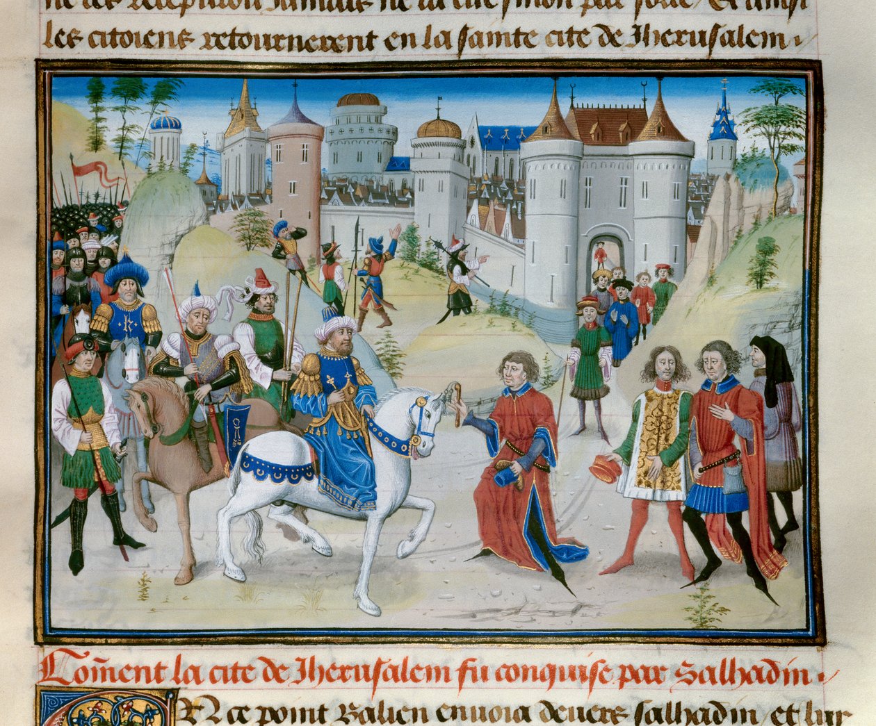 The Third Crusade: The Capture of Jerusalem af Sultan Saladin (1138-1193). Miniature fra "" Chronicle abregee"" af David Aubert af Unknown artist
