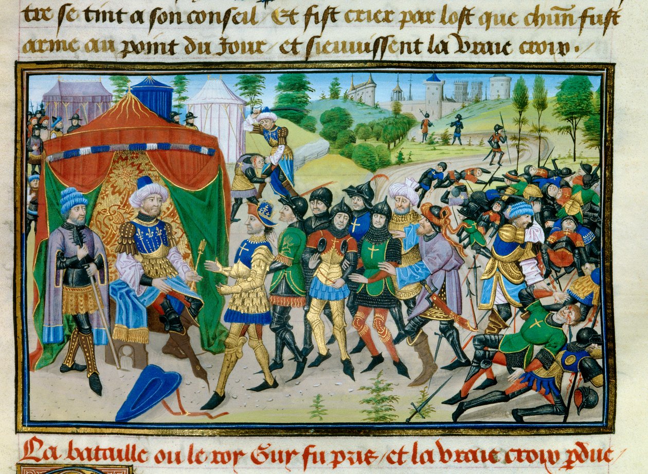 Tredje korstog: tabet af det sande kors under slaget ved Hattin den 4. juli 1187, miniature fra "" Chronicle abregee"" af David Aubert, ca. 1450 af Unknown artist