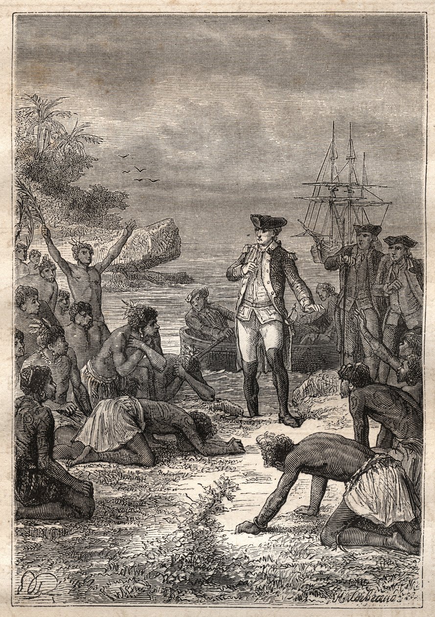 Tredje rejse (1776-1779) af kaptajn James Cook (1728-1779): Cook bliver budt velkommen af de indfødte (Hawaii) - illustration taget fra "The Great Mariners of the 18th century" af Unknown artist
