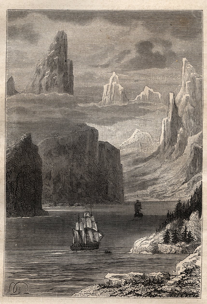 Tredje rejse (1776-1779) af kaptajn James Cook (1728-1779): Indgang til prins William (Prins William) (Alaska) - illustration taget fra "The Great Mariners of the 18th century"" af Unknown artist