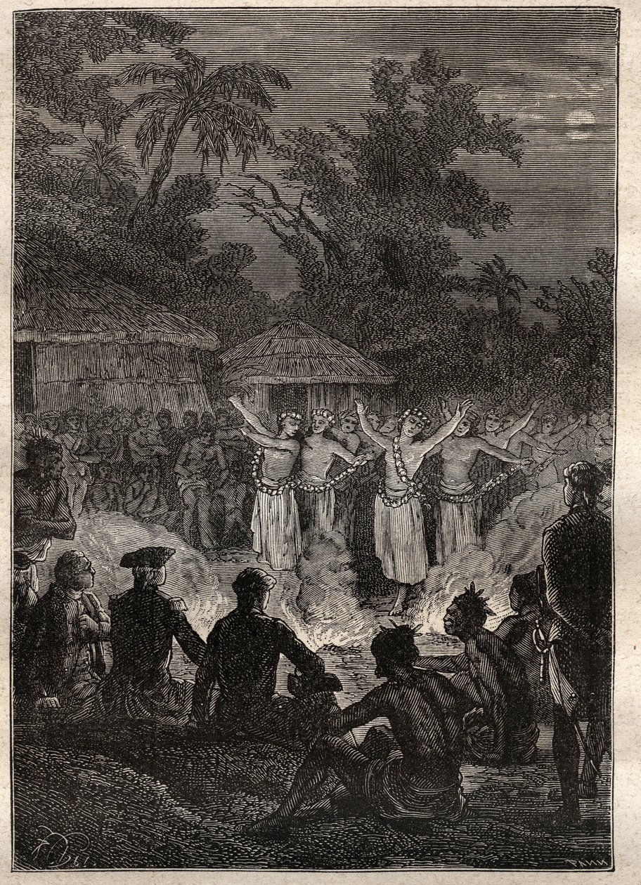 Tredje rejse (1776-1779) af kaptajn James Cook (1728-1779): en fest på vennernes øer (Kingdom of Tonga, Polynesien) - illustration taget fra "The Great Mariners of the 18th century"" af Unknown artist