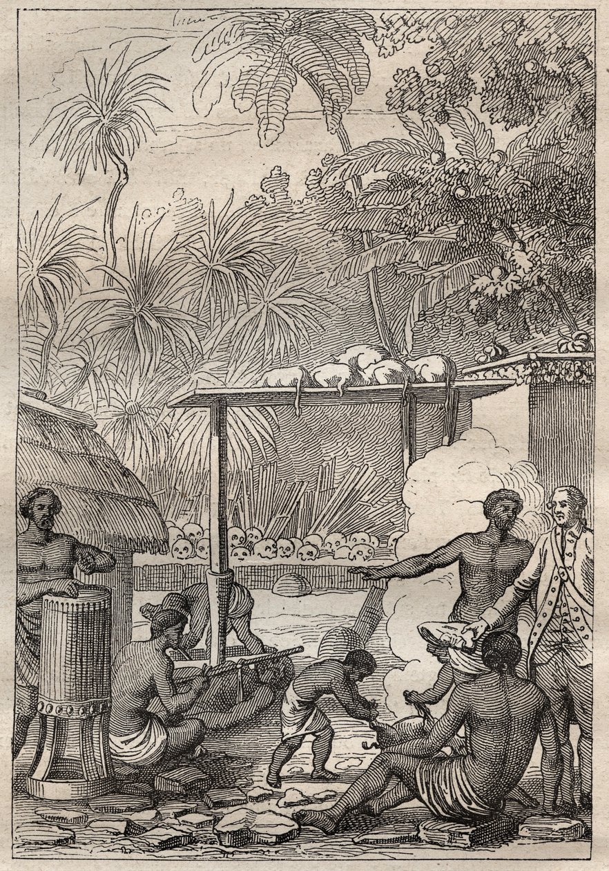 Tredje rejse (1776-1779) af kaptajn James Cook (1728-1779): menneskeofring til Tahiti - illustration taget fra "The Great Mariners of the 18th century"" af Unknown artist
