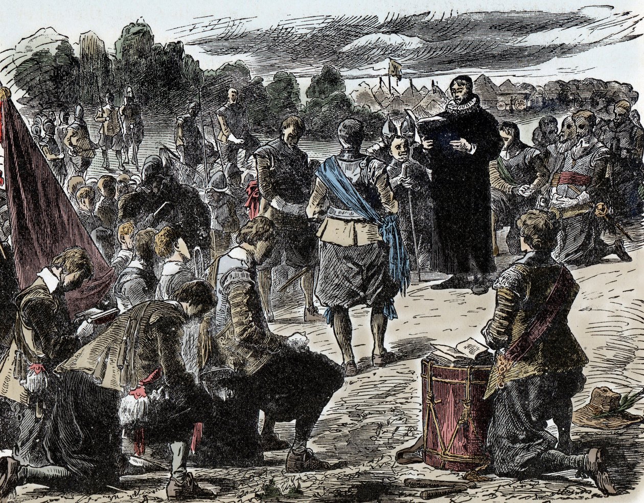 Trediveårskrig: Svenske til bøn før slaget ved Luetzen - Trediveårskrig (1618-1648): Kong Gustav II Adolphe af Sverige (1594-1632) og hans tropper samles til en religiøs fest før slaget ved Lutzen (1632) af Unknown artist