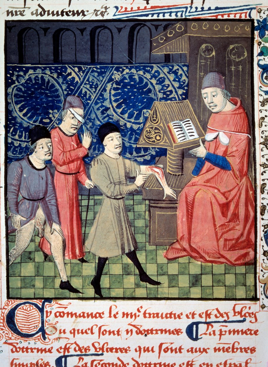 Tre patienter med sår i arm, øje og køn foran lægen. Miniature fra "" Kirurgi" (Folio 66) skrevet af Guy de Chauliac (1290? 1368). 15. århundredes manuskript. BN, Paris af Unknown artist