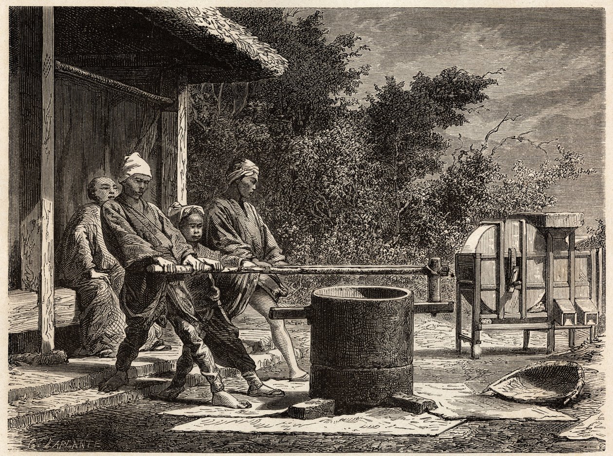 Tre bønder, der driver rismøllen. Indgravering til illustration af rejsen til Japan i 1863-1864 af Aime Humbert, minister for Det Schweiziske Forbund, i "Le tour du monde, nouveau journal des voyages", udgivet under ledelse af Edouard Charton af Unknown artist