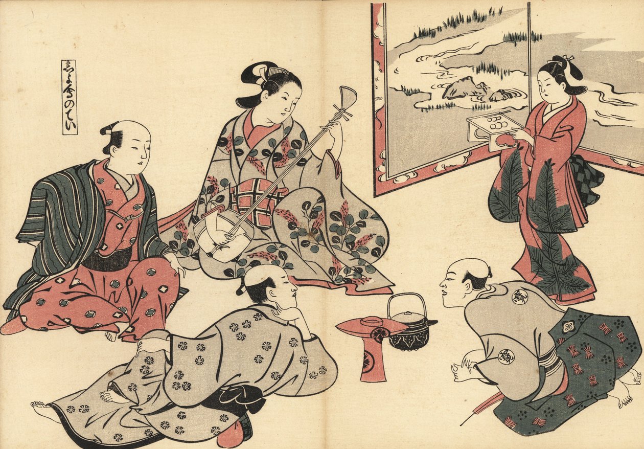 Tre samuraier lytter til en kurtisane spille shamisen, mens en kamuro bringer mad på en bakke. Træbloktryk af Masanobu Okumura (1686-1764) fra Fuzoku Emakimono, Picture Scroll of the Water Trade, Tokyo, genoptryk omkring 1880. af Unknown artist
