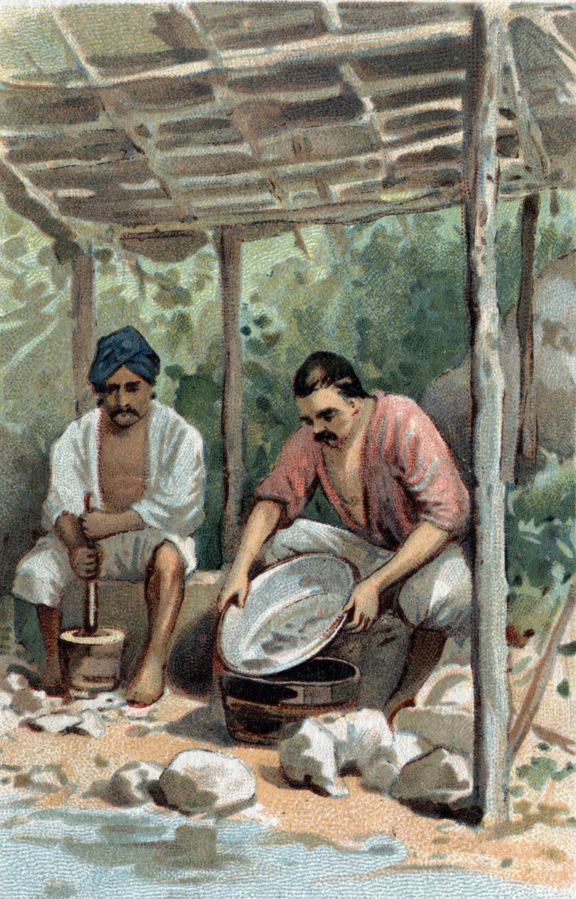Tin scrubbere i Malacca (Malacca), Malaysia. Kromolitografi i slutningen af det 19. århundrede. af Unknown artist
