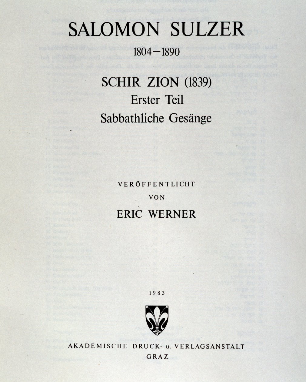 Titelblad af Schir zion af Salomon Sulzer af Unknown artist
