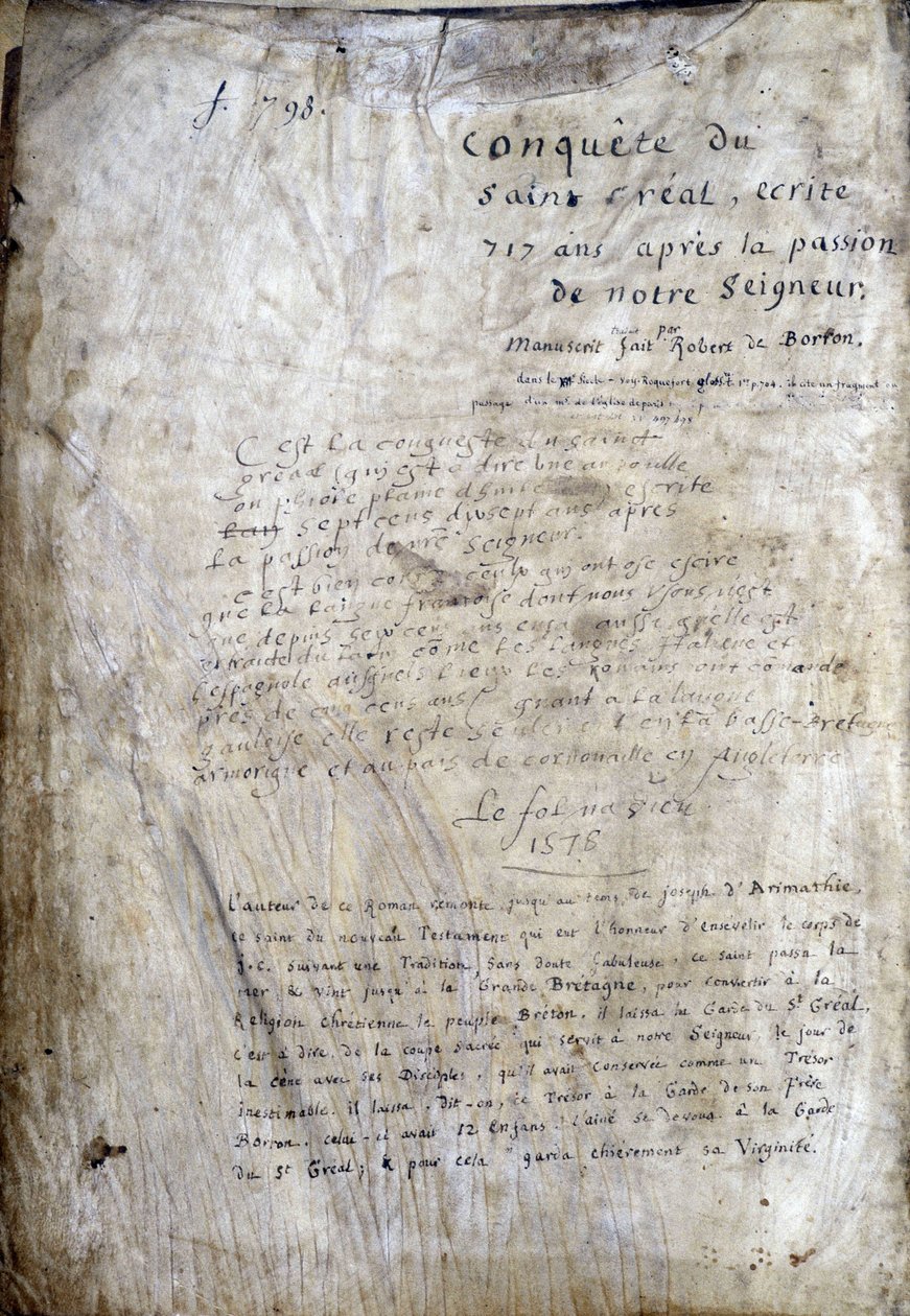 Titelblad på et manuskript: Erobring af Saint Gréal, skrevet 717 år efter vor herres lidenskab. Bibliotheque Municipale de Rennes, frk. 255 (Samling af romaner af det runde bord); Paris af Unknown artist