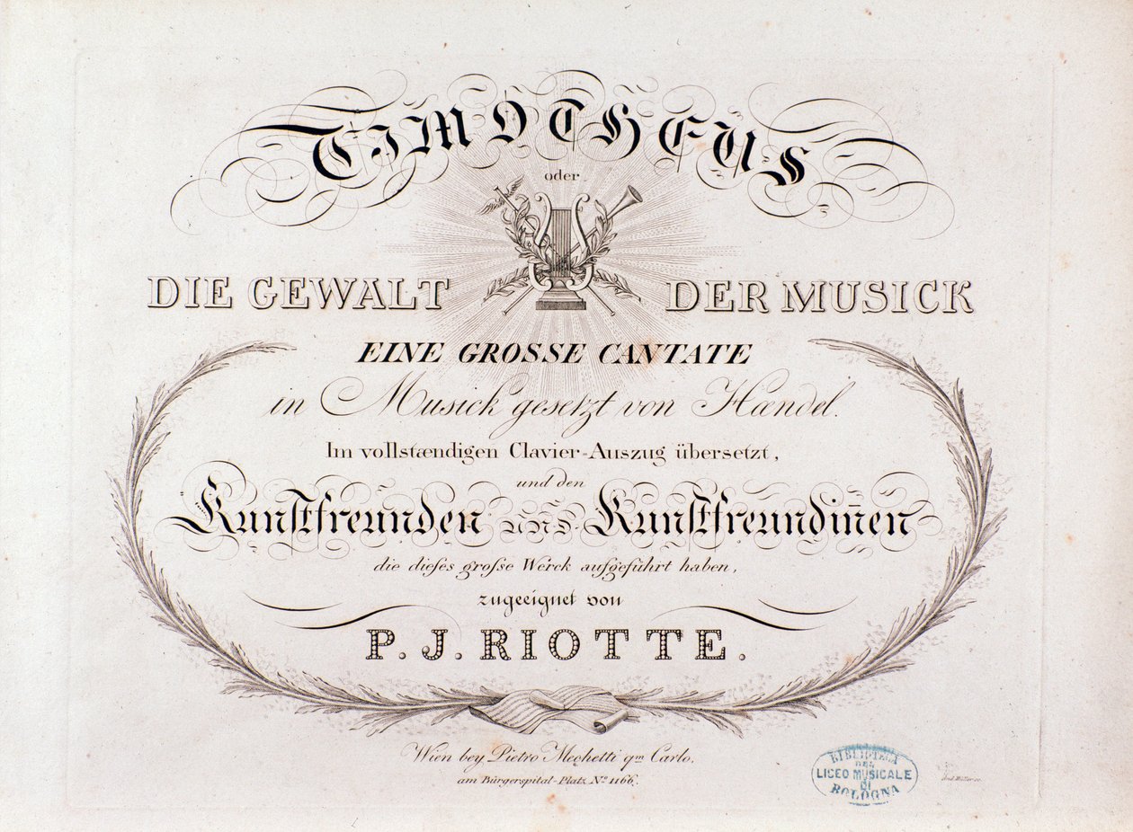 Titelside på musikalsk partitur af Timotheus af GF Handel (1812) af Unknown artist