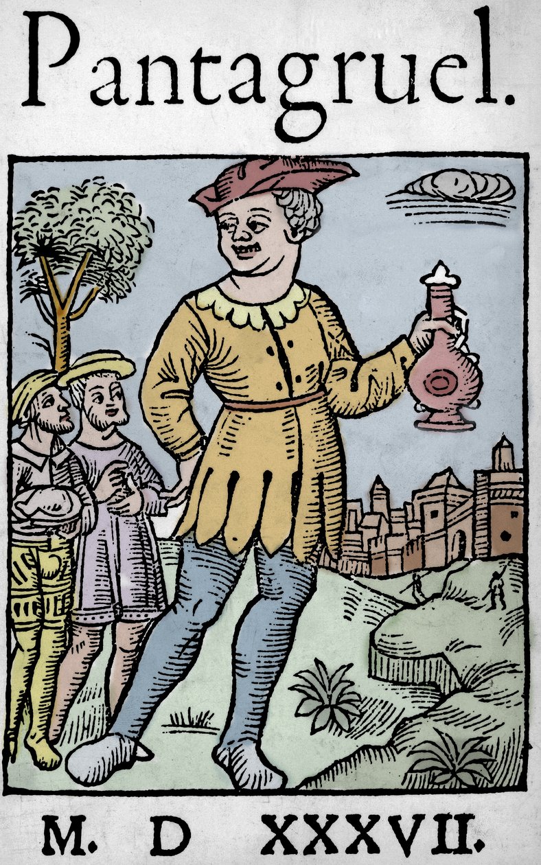 Titelside på 1537-udgaven af ​​Pantagruel, af Francois Rabelais - Den kæmpe Pantagruel og to af hans apostle, fra 