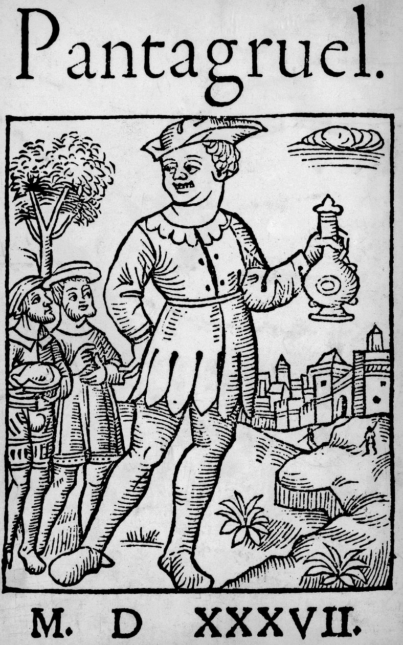 Titelside på 1537-udgaven af ​​Pantagruel, af Francois Rabelais - Den kæmpe Pantagruel og to af hans apostle, fra 