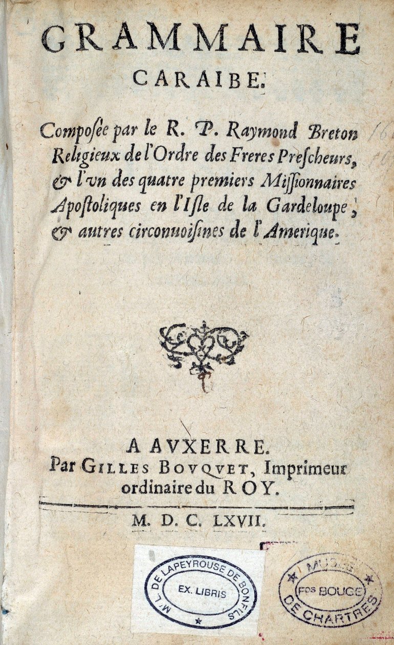 Titelside på ""Caribbean Grammar"" af pastor Raymond Breton, dominikansk nybygger. 1667 Chartres, Musee des Beaux Arts af Unknown artist