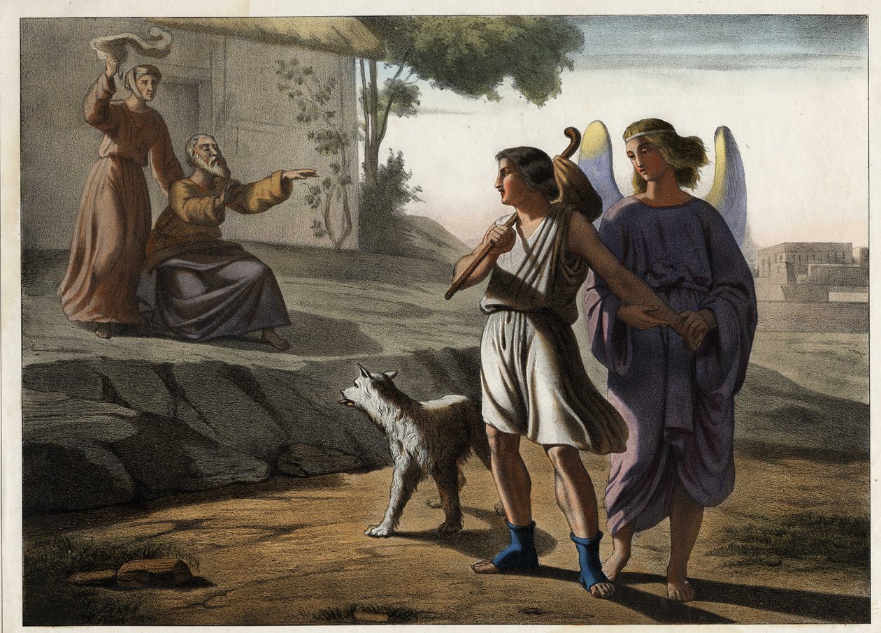 Tobies afgang ledsaget af englen (hans forældre hilser på ham, inklusive Tobit, hans far). Anonym stik fra midten af 1800-tallet. af Unknown artist