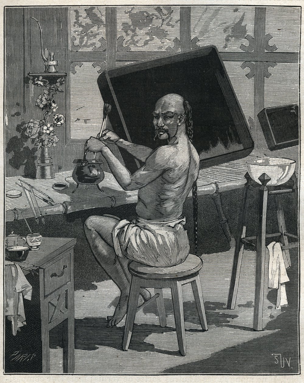 Tong oliemangel i Kina. Indgravering fra 1885 i "" Les arts et metiers illustres"" af Adolphe BITARD. af Unknown artist