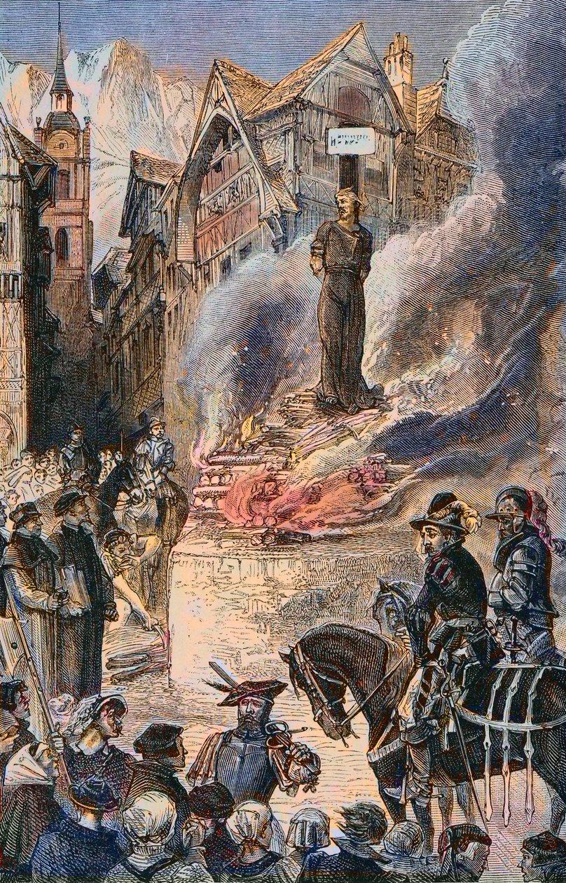 Tortur af Michel Servet i Genève (Michael Servetus) (Michel de Villeneuve) Spansk læge og teolog (1511-1553) - Le torice de Michel Servet (Miguel Serveto) (1511-1553) en Genève, spansk læge og teolog Gravering af Unknown artist