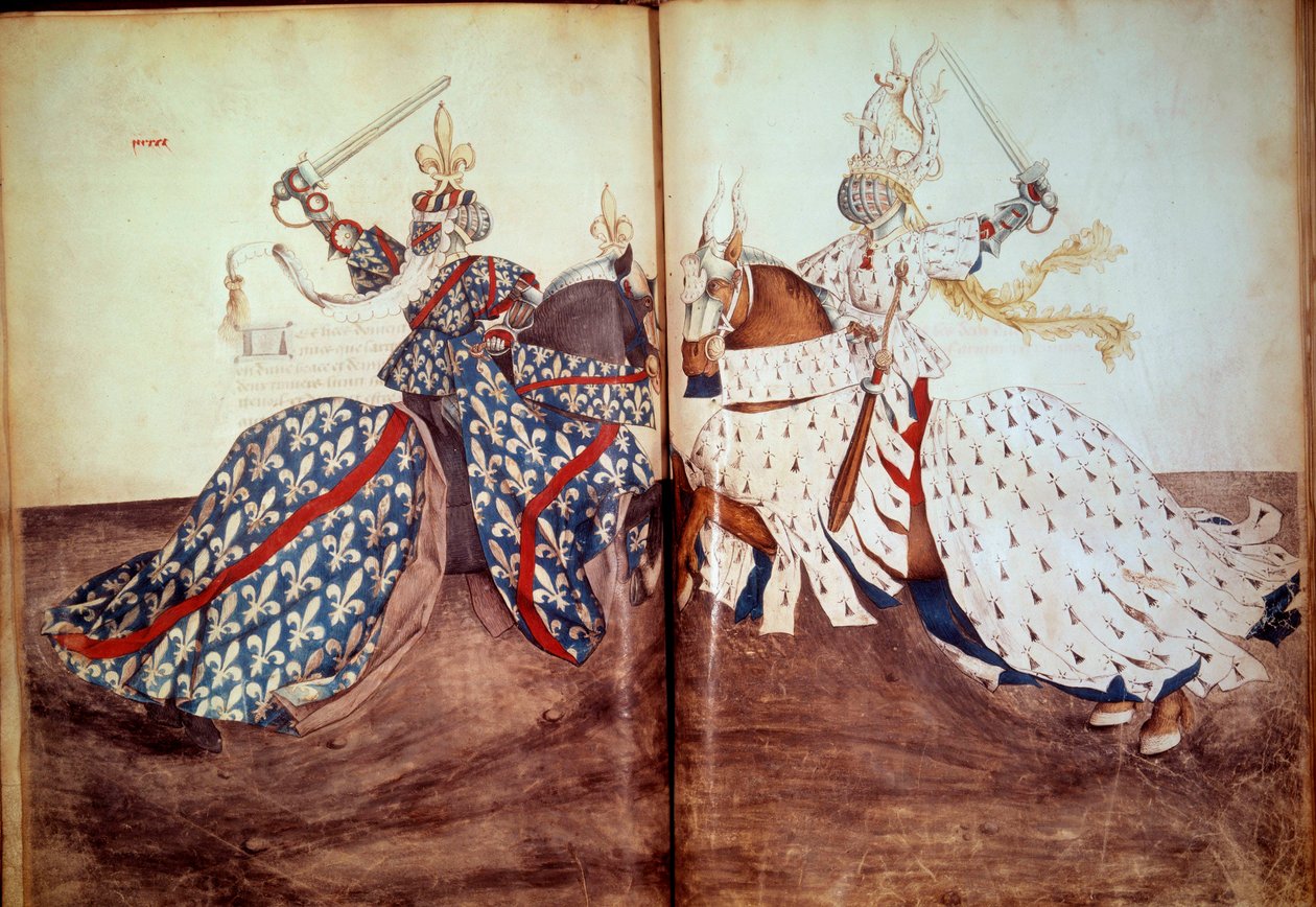 Turnering: Spil om den kaldende herre og sagsøgte herre (hertugen af Bretagne og hertugen af Bourbons ansigt). Manuskript "" Book of tournaments"" (Folio 32v - folio33) af Rene d