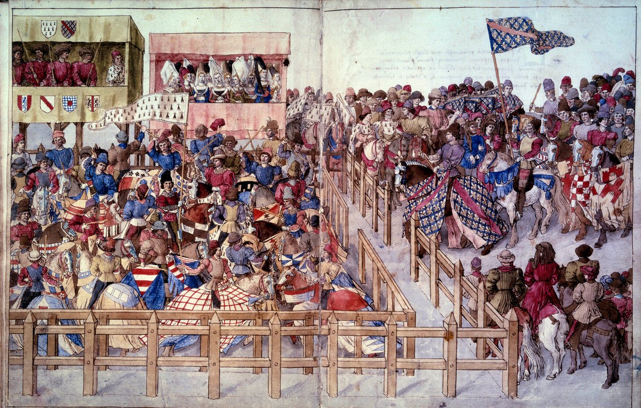 Turnering: De snurrende riddere aflægger ed i konkurrencen foran herrernes tribuner. Miniature i "Traite des tournaments"" af Unknown artist