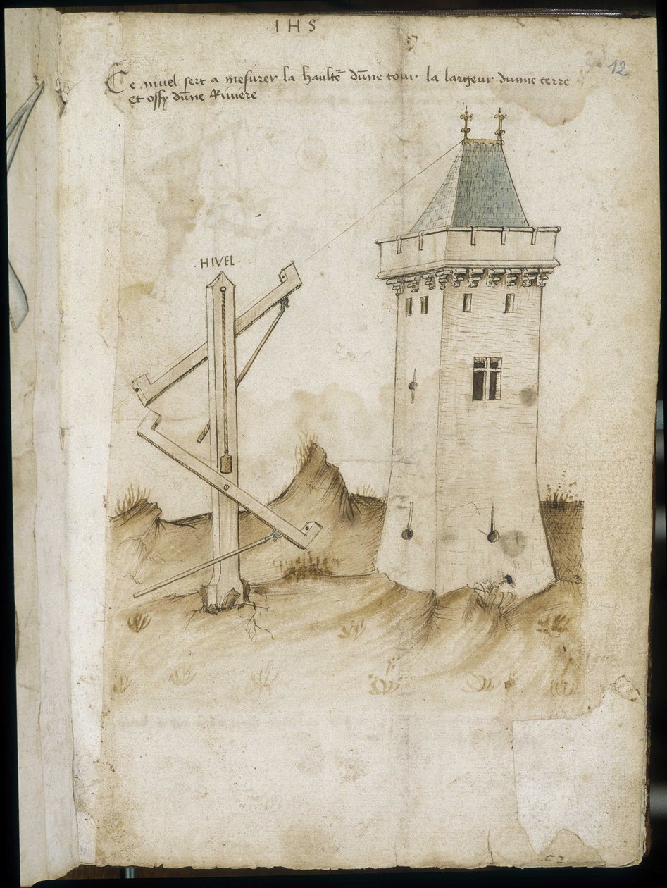 Tårnmålemaskine - Manuskript: pergamentark af en ingeniørmanual til opførelse af civile, religiøse og militære bygninger, anonym, slutningen af det 15. århundrede (figur med kinesisk blæk) af Unknown artist