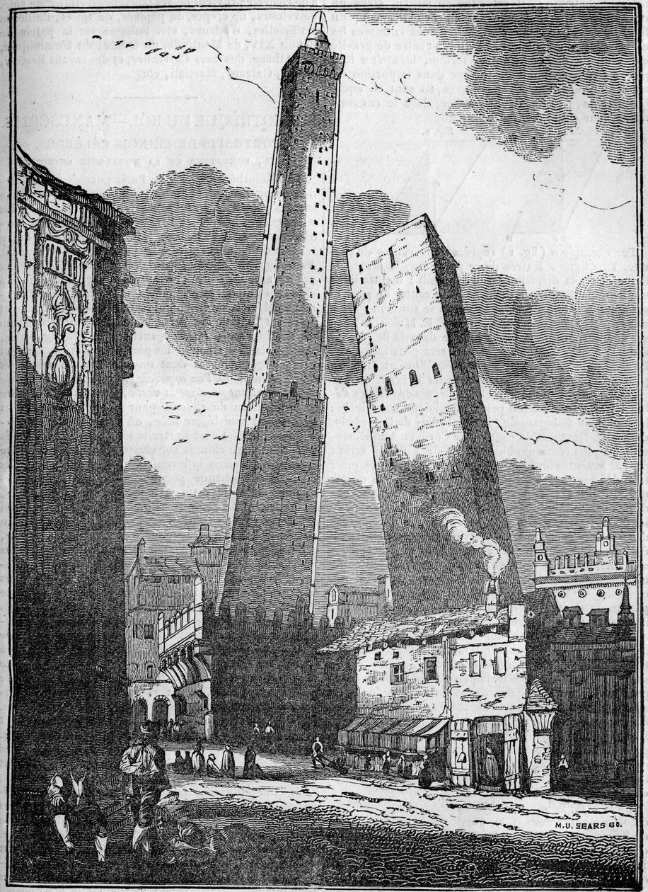 Towers of Bologna - Asinelli-tårnet og det mindre Garisenda-tårn - gravering fra 1800-tallet af Unknown artist