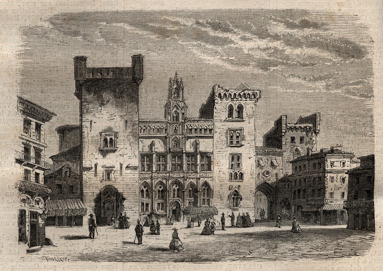 Rådhus i Narbonne - Languedoc-Roussillon-Midi-Pyrénées - Frankrig - indgravering i "Dictionnaire populaire illustrious" - 1864 - af Joseph Decembre og Edmond Allonier - af Unknown artist