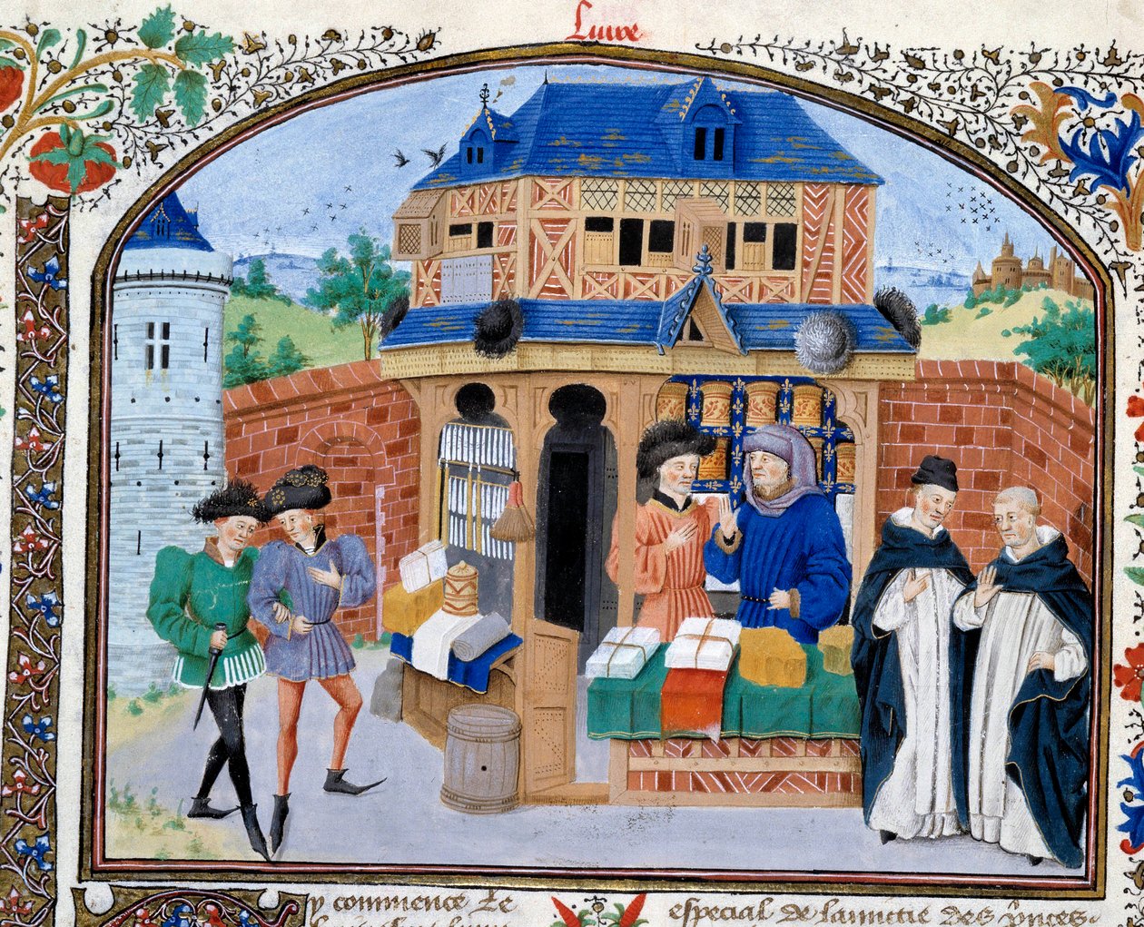 Handel: en købmandsbutik. Miniature fra manuskriptet "" Commentary on Ethics"" af den græske filosof Aristoteles (383-322 f.Kr.) oversat af Nicolas Oresme (1325-1382) af Unknown artist