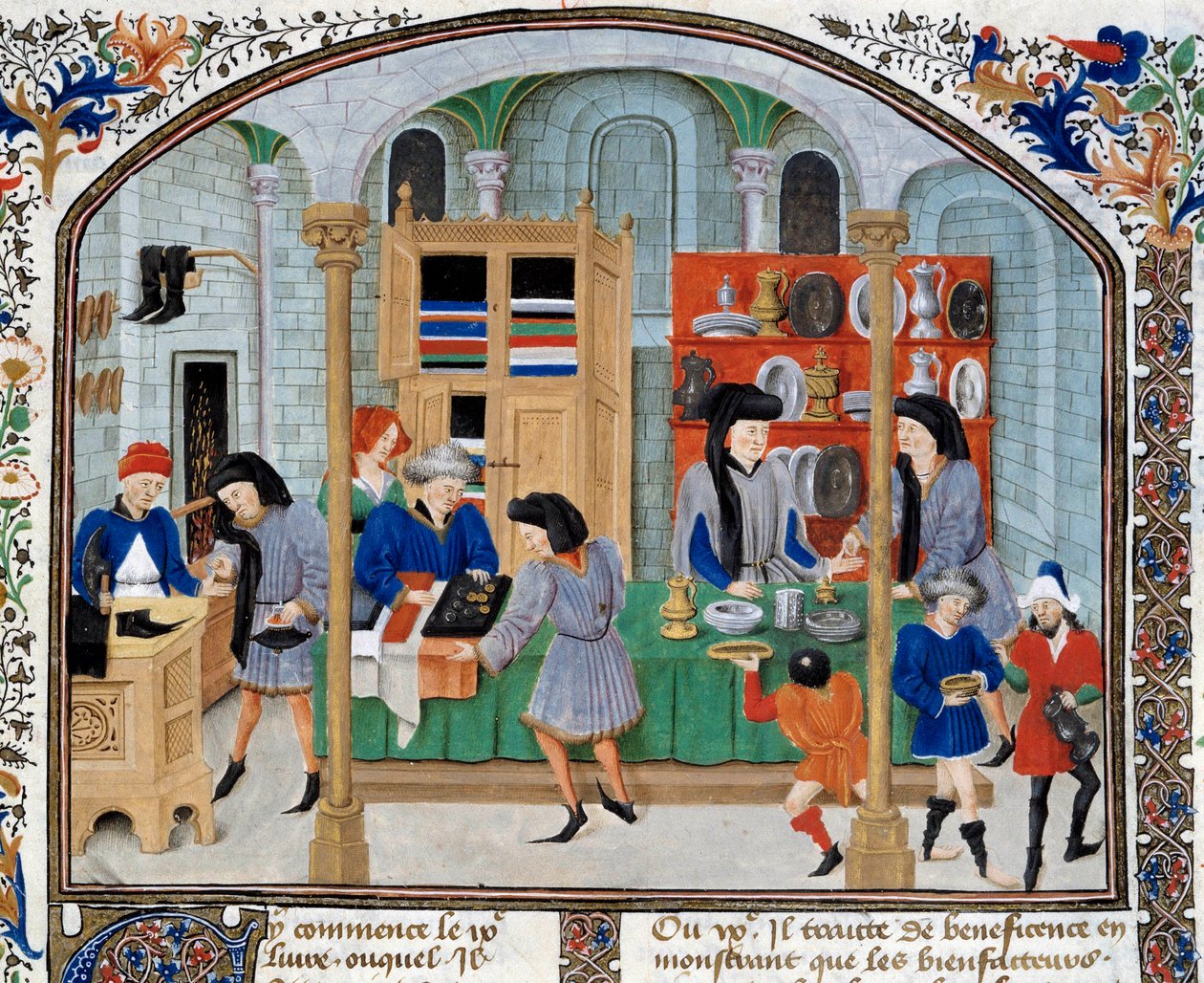 Handelsscene: købmænd i en butik præsenterer service og sølvtøj til deres kunder. Miniature taget fra en udgave af "Ethical, Political and Economic"" af den græske filosof Aristoteles (384-322 f.Kr.) af Unknown artist