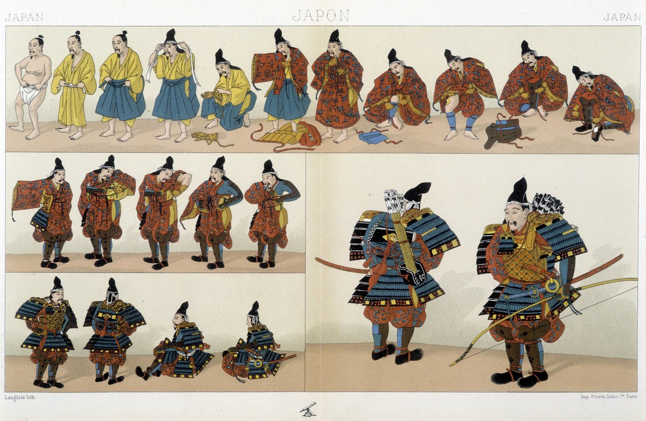 Traditionelt japansk Samurai-tøj - i "" The Historical Costume"" af Racinet af Unknown artist