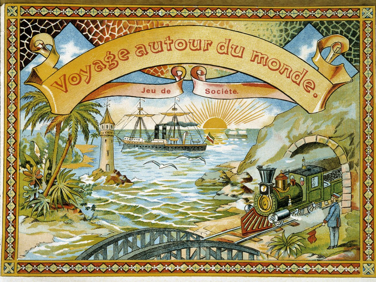 Tog, fyrtårn og båd, dækspil "" Journey around the world", a.n.d. 19. af Unknown artist