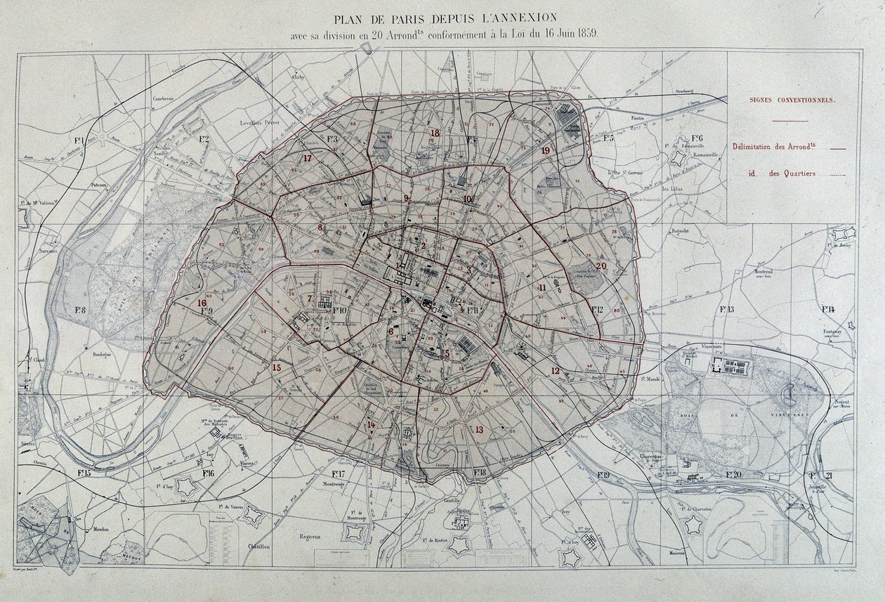 Transformationer af Paris under det andet imperium, Haussmann Paris. Plan over Paris siden annekteringen med dens opdeling i 20 arrondissementer, i overensstemmelse med loven af 16. juni 1859 - i "Atlas administratifs des arrondissements de la Ville de Par af Unknown artist