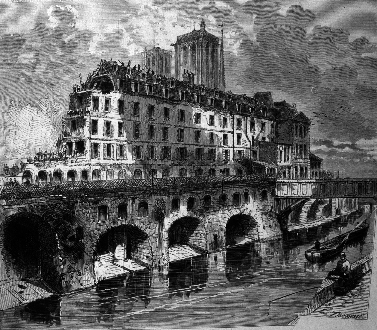 Transformationer af Paris under det andet imperium, Haussmann Works: Nedrivning af det tidligere Hotel Dieu. af Unknown artist