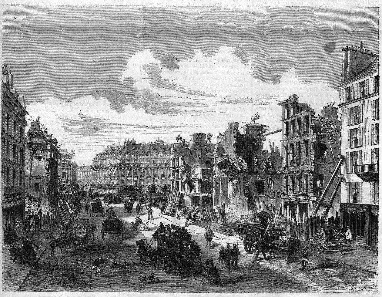 Transformationer af Paris under det andet imperium, Paris Haussmann (Boulevard, Haussmann værker): nedrivning af Rue de la Paix til åbningen af Rue Reaumur. Indgravering i ""Det illustere univers"" af Unknown artist