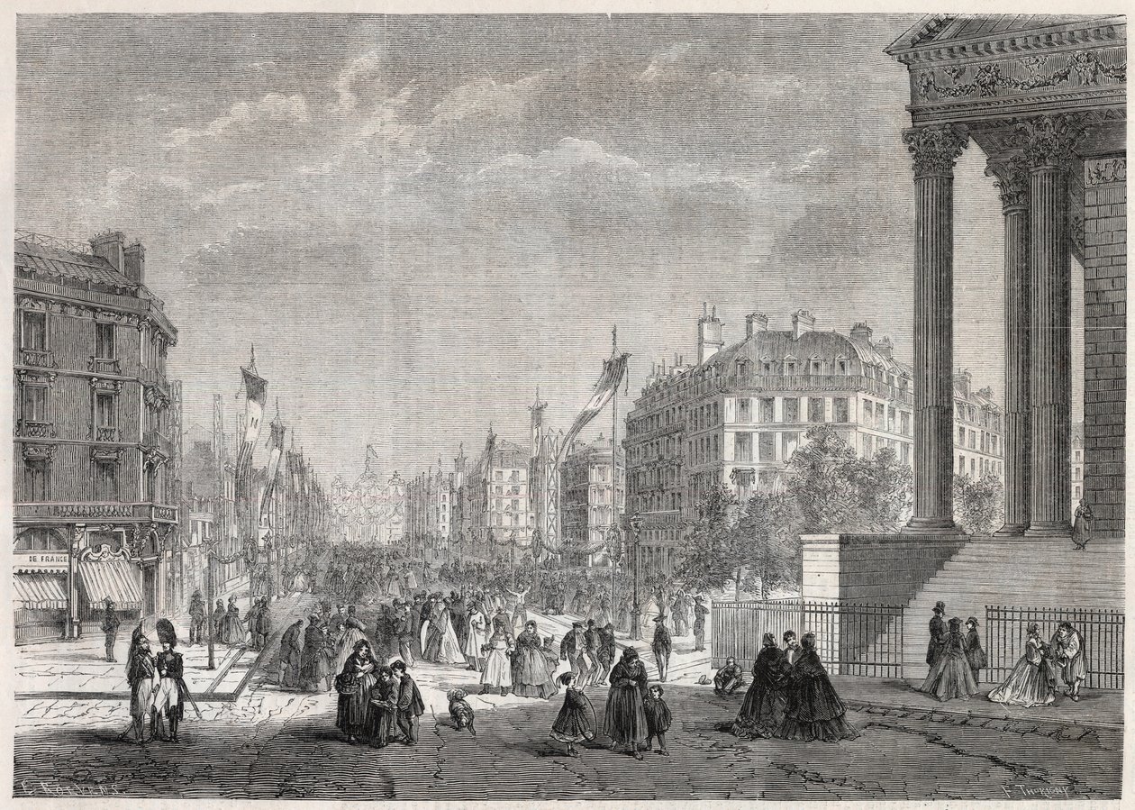 Transformationer af Paris under det andet imperium, Paris Haussmann: udsmykning af Boulevard Malesherbes, på dagen for dens indvielse den 13. august 1861 - Indgravering i "" Le Monde Illustré"" af Unknown artist