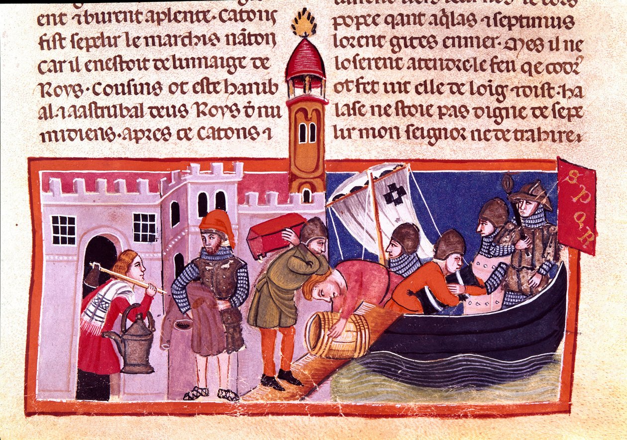 Transport af varer og fødevarer ad indre vandveje. Miniature fra en fransk kodeks på pergament "" The Facts of Romans"", der fortæller oldtidens historie frem til Jules Cesar (101 f.Kr.-44 f.Kr.). Venedig fra det 13. århundrede, biblioteca Marciana af Unknown artist