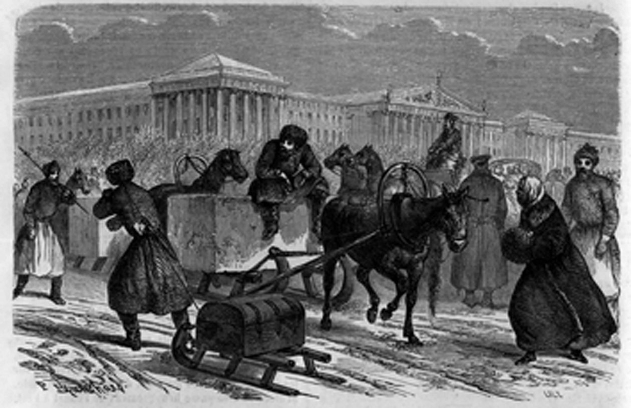 Transport af is i St. Petersborg, Rusland. Indgravering i "Ungdomsjournalen" af Unknown artist