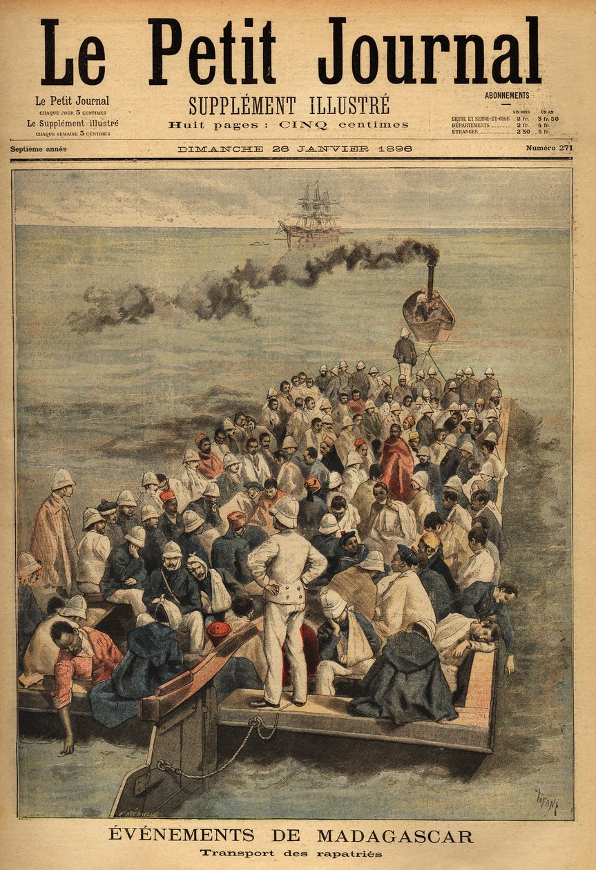 Transport af sårede rovdyr fra Madagaskar. Indgravering i "" Le petit journal"" 26/01/1896. Selvas samling. af Unknown artist