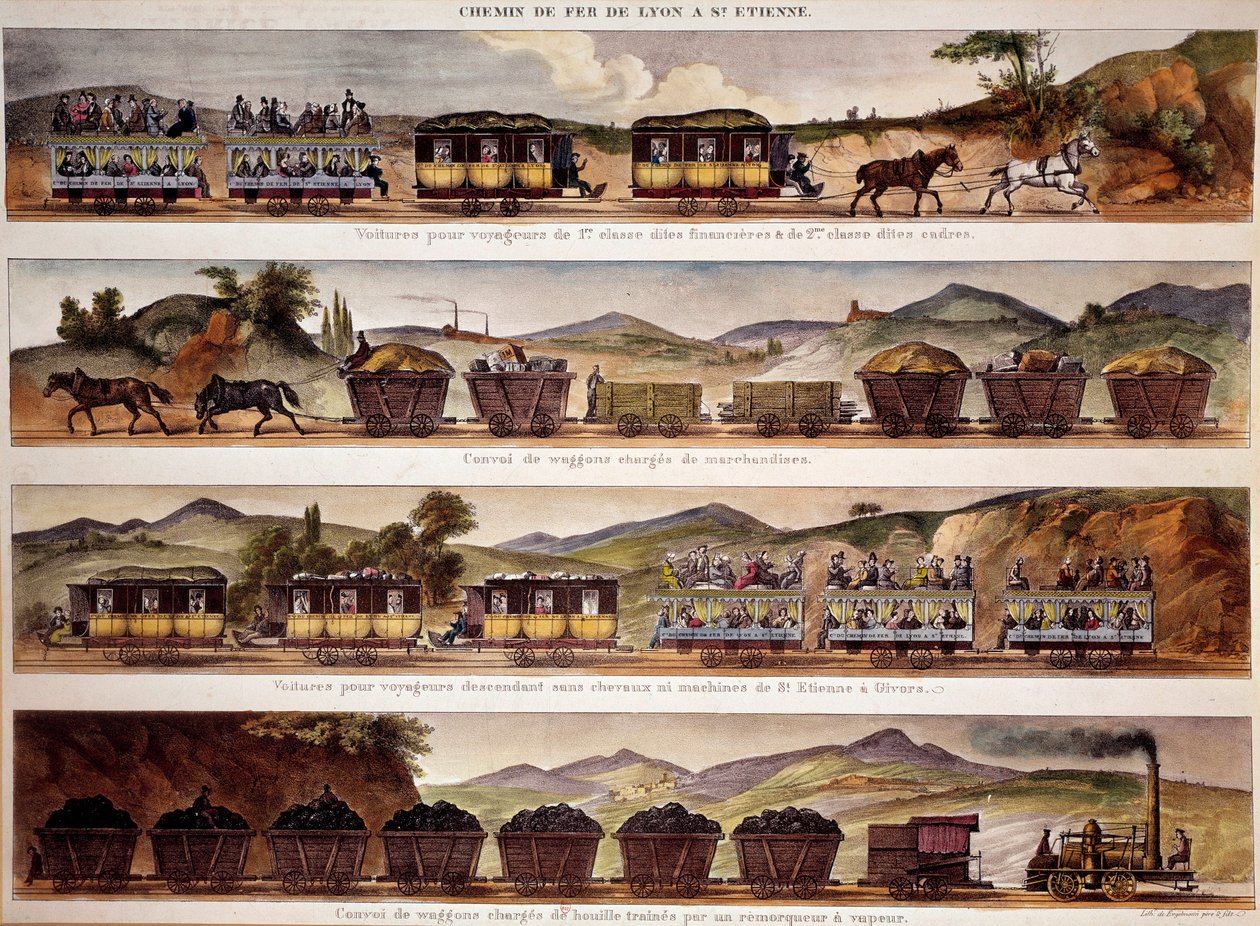 Transport: repræsentation af gods- og passagertog fra Saint Etienne til Lyon. 1800-tallets Paris, B.N. af Unknown artist