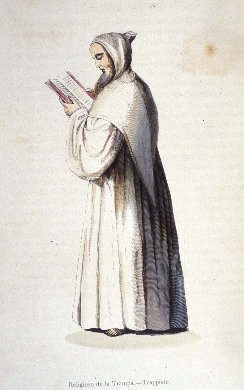 Trappistmunk, Citeaux-ordenen, der overholder det reformerede styre af Trappe, indstiftet i 1664 af Rancé. Indgravering af det 19. århundrede. af Unknown artist