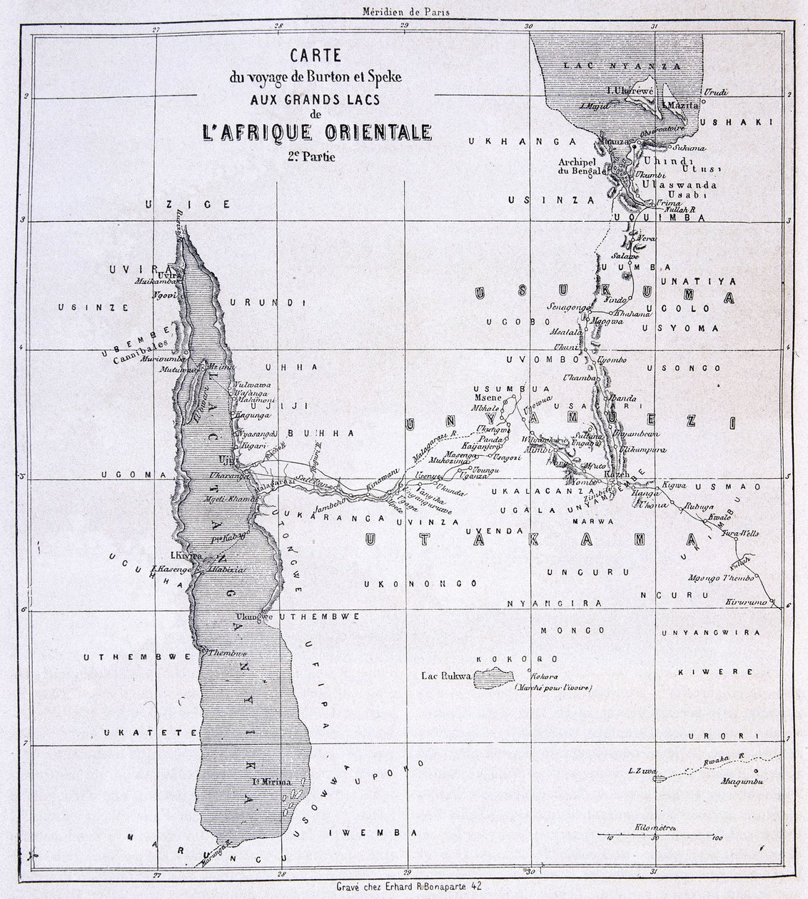 Rejsekort over Richard Francis Burton, britisk opdagelsesrejsende (1821-1890) og Speke til de store søer i Østafrika 1857-59 - i Tour du Monde af Unknown artist