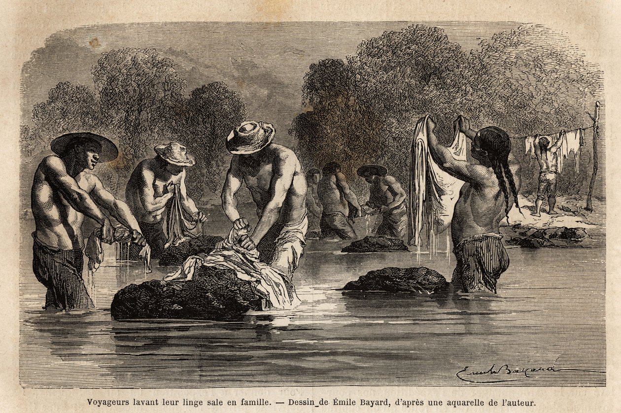 Rejsende vasker deres snavsede vasketøj i floden sammen med bolivianske peoner i nærheden af Maniri (Nedre Peru). Engravure pour illustrrer le voyage dans les vallees de Quinquinas, af Paul Marcoy, i 1849-1861, udgivet i "" Le tour du monde""" 18 af Unknown artist